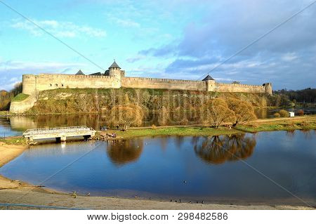 Narva, Estonia-november 3, 2018: View Of The Fortress Across The Narva River In Ivangorod