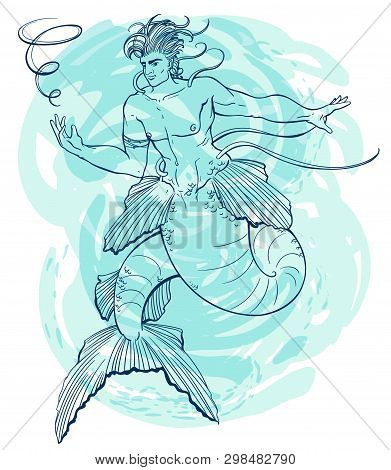 Merman On Blue Watercolor Background. Handsome And Powerful Man Under Water. Design For Print, Poste