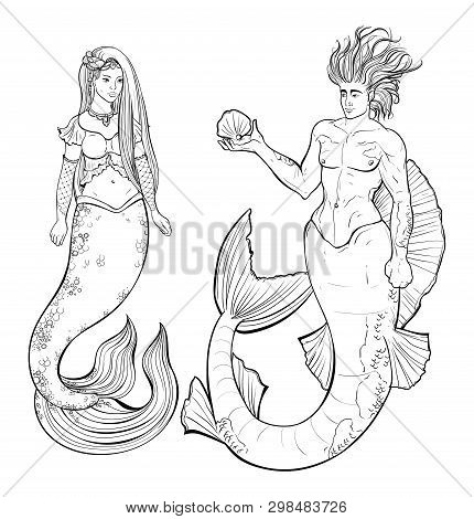 Couple Of Mermaid And Merman. Design For Print, Poster, Banner. Isolated Objects On White Background