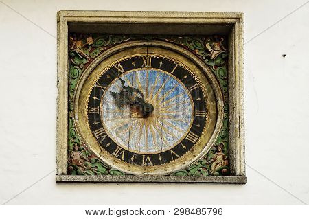 Tallinn, Estonia - 01 May 2018: The Old Clock On The Wall Of The Church In The Old Town