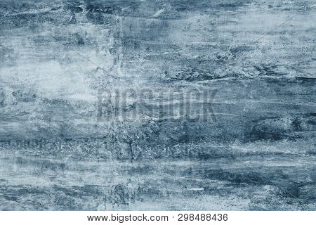 Blue Blots On A Gray Canvas. Blue Paint Stains On The Wall. Abstract Pattern Of Watercolor Style On 