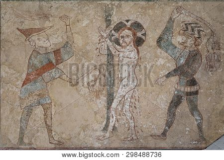 Jesus Is Whipped By Two Tormentors, Beating Him With Their Scourages, A 500 Years Old Gotic Wall-pai