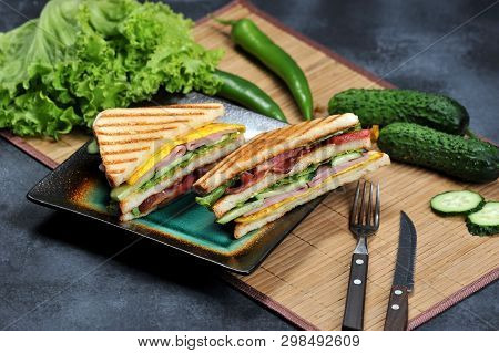 Pressed And Toasted Double Panini  - Triangular Shaped Sandwiches With Ham And Omelet On A Plate On 