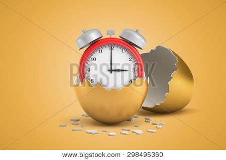 3d Close-up Rendering Of Red Alarm Clock Inside Of Half Gold Eggshell With The Other Eggshell Behind