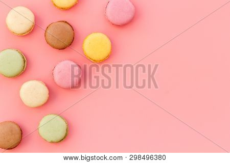 Brignt Macarons For Sweet Break On Pink Background Top View Mock Up
