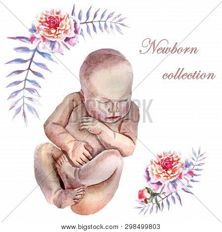 Watercolor Newborn Sleeping Baby With Flowers Peonies