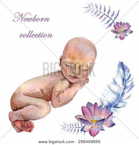 Watercolor Newborn Sleeping Baby With Flowers Lotus