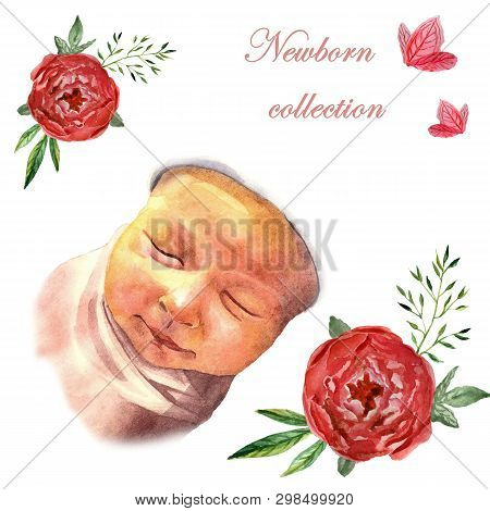 Watercolor Newborn Sleeping Baby With Flowers Peony