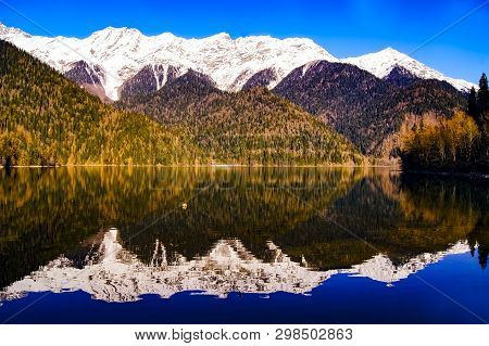 Lake Riza. Abkhazia. Nature Background Summer. Sea Horizon. Mountains Of Abkhazia. Black Sea. Summer