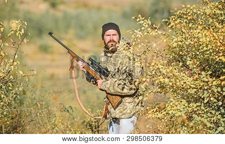 Man Hunter With Rifle Gun. Boot Camp. Military Uniform Fashion. Bearded Man Hunter. Army Forces. Cam