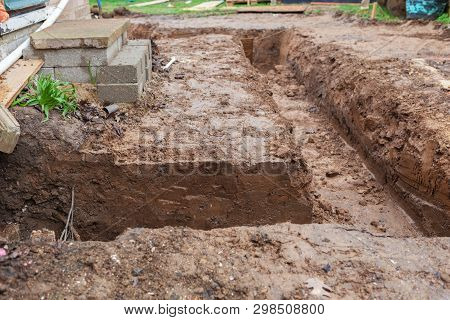 Dug And Prepared Foundations Around The House, Selective Focus