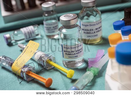 Different Vials Of Triple Viral Vaccine Of Measles, Rubella And Mumps, Known As Mmr, Conceptual Imag