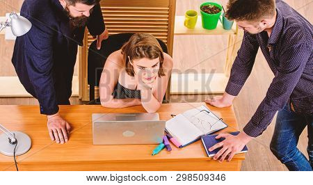 Desirable Sexy Lady Boss. Woman Sexy Attractive Female Working With Men Colleagues. Busty Colleague.