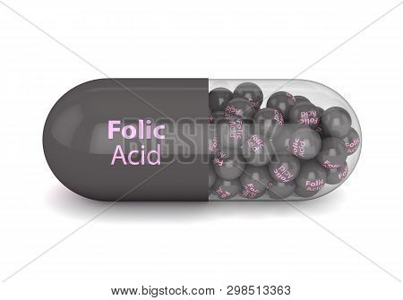 3d Render Of Folic Acid Pill With Granules Isolated Over White Background