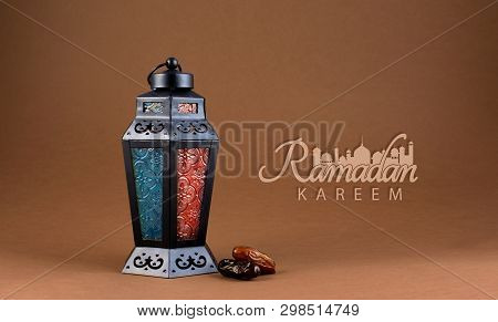 Ramadan Kareem Cream Color Background, Arabic Antern Lights Lamp With Dates And New Ramadan Typograp
