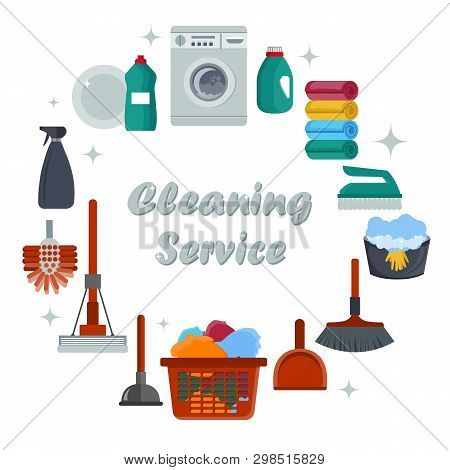 Equipment Cleaning Service Concept. Poster Template For House Cleaning Services With Various Tools. 