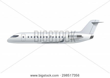 Flying Airplane, Regional Jet Aircraft, Airliner. Side View Of Detailed Passenger Air Plane Isolated