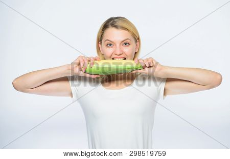 The Crunch Is Perfect. Happy Woman Eating Corn. Vegetable Harvest. Corn Crop. Vitamin Dieting Food. 