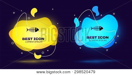 Black Fish Skeleton Icon Isolated On Blue Background. Fish Bone Sign. Set Of Liquid Color Abstract G