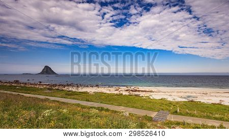 Seascape, Sea Coast With Sandy Beach And Island Bleiksoya In The Distance, Resort Bleik Andoya Norwa