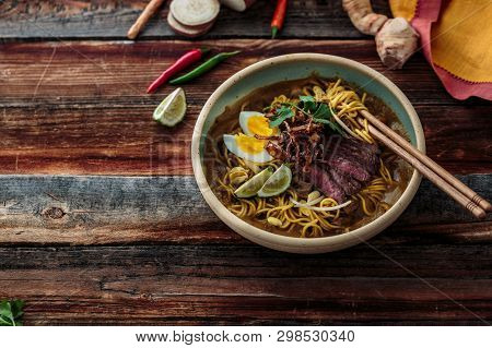 Bowl Of Noodles With Egg, Beef And Onion