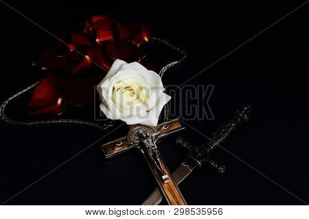 Catholic Crucifix With Silver Chain And Metal Stiletto With Medieval Pattern On Handle (souvenirs), 