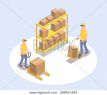 Delivery Logistics Shipment Isometric Composition With Faceless Human Characters Of Two Male Workers