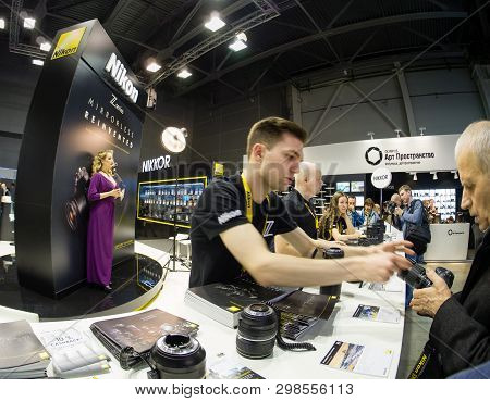 Moscow, Russia - April 11, 2019: Booth Of Nikon Company At Photoforum 2019 Trade Show And Exhibition