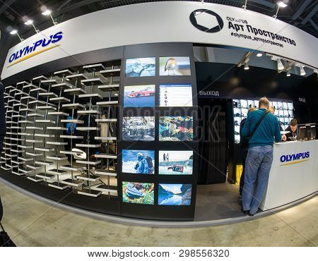 Moscow, Russia - April 11, 2019: Art Space Booth Of Olympus Company At Photoforum 2019 Trade Show An