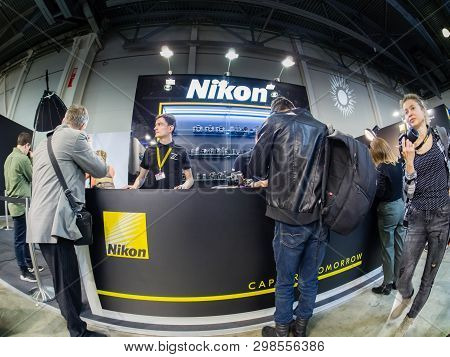 Moscow, Russia - April 11, 2019: Booth Of Nikon Company At Photoforum 2019 Trade Show And Exhibition