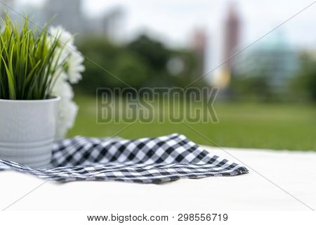 Picnic Cloth Black - Blue Square Pattern On The White Cloth In The Park And Outside Field For Pack O