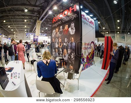 Moscow, Russia - April 11, 2019: Booth Of Ricoh Company At Photoforum 2019 Trade Show And Exhibition