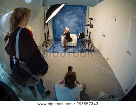 Moscow, Russia - April 11, 2019: Studio Area Inside Zeiss Booth At Photoforum 2019 Trade Show And Ex