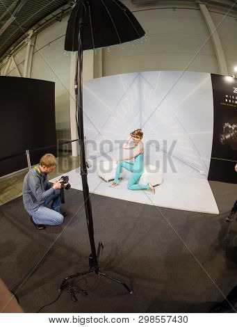 Moscow, Russia - April 11, 2019: Studio Area Inside The Booth Of Nikon Company At Photoforum 2019 Tr