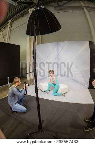Moscow, Russia - April 11, 2019: Studio Area Inside The Booth Of Nikon Company At Photoforum 2019 Tr