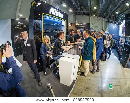 Moscow, Russia - April 11, 2019: Booth Of Nikon Company At Photoforum 2019 Trade Show And Exhibition