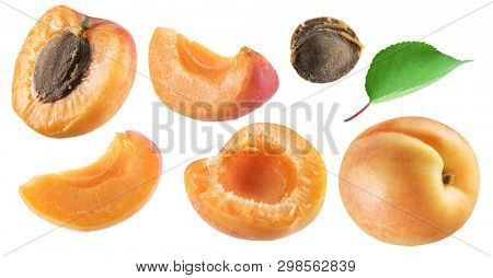 Ripe apricot fruits and apricot halves. Clipping paths for each item.
