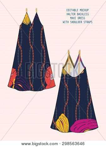 Editable Vector Mockup For Showcasing Fabric Pattern Design. Technical Illustration Of Deep V Neck B