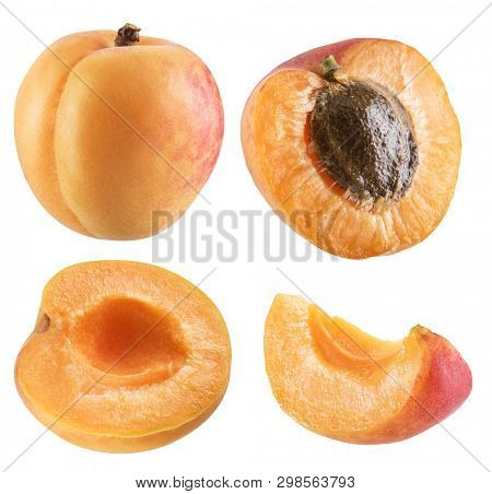 Ripe apricot fruits and apricot halves. Clipping paths for each item.