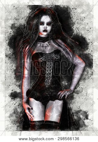 Digital Artistic Sketch, Based On A Self-created 3d Illustration Of A Fantasy Female, Model-release 