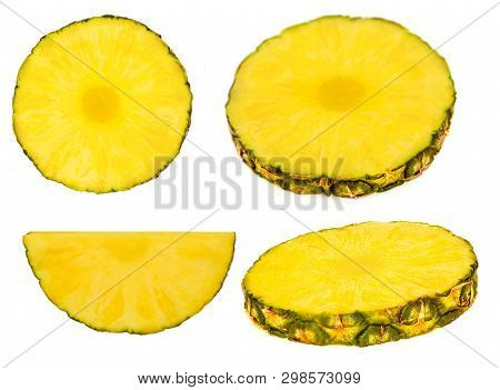 Isolated Pineapple Pieces. Ripe Pineapple Fruit Circles On A  White Background. Macro