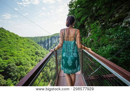 Aerial Road In Okace Okatse Canyon - Georgia. Modern Tourist Landmark And Attraction In Georgia Moun