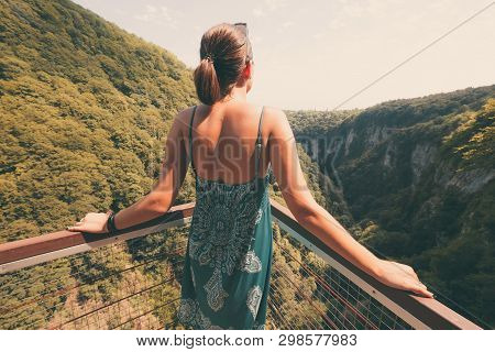 Aerial Road In Okace Okatse Canyon - Georgia. Modern Tourist Landmark And Attraction In Georgia Moun