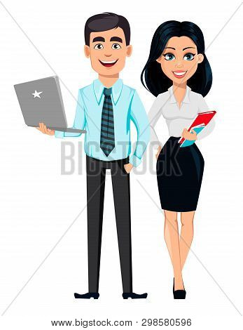 Modern Young Business Woman And Handsome Business Man. Cartoon Characters. Vector Illustration