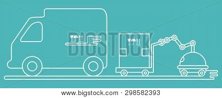 Vector Illustration With Robot Loader Loads Boxes Into A Truck. Automation Warehouse Processes. Smar