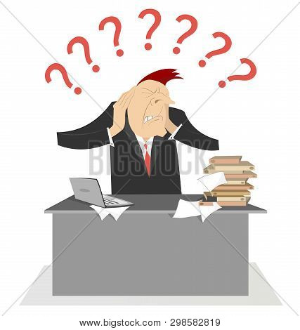 Tied Businessman And Question Marks Concept Illustration. Tied Or Upset Man Sitting By The Table Put