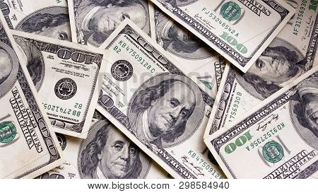 Chaotic Scattered Bills. Baknotes Of Hundred Dollars.