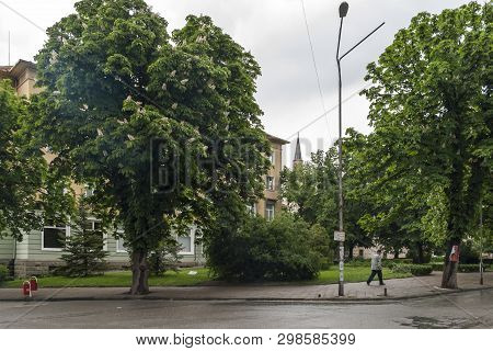 Yambol, Bulgaria - May 3, 2008: Building And Street At The Center Of Town Of Yambol, Bulgaria