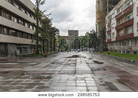 Yambol, Bulgaria - May 3, 2008: Building And Street At The Center Of Town Of Yambol, Bulgaria