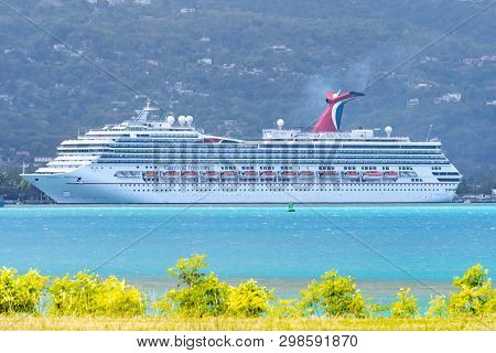 Montego Bay, Jamaica - April 30 2019: Carnival Freedom Cruise Ship Docked At The Montego Bay Cruise 